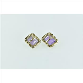 14K Emerald Cut Amethyst Vintage Solitaire Stud Yellow Gold Earrings