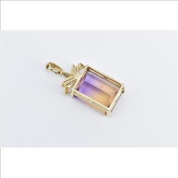 14K Emerald Cut Ametrine Diamond Ornate Vintage Yellow Gold Pendant