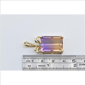 14K Emerald Cut Ametrine Diamond Ornate Vintage Yellow Gold Pendant