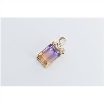 14K Emerald Cut Ametrine Diamond Ornate Vintage Yellow Gold Pendant