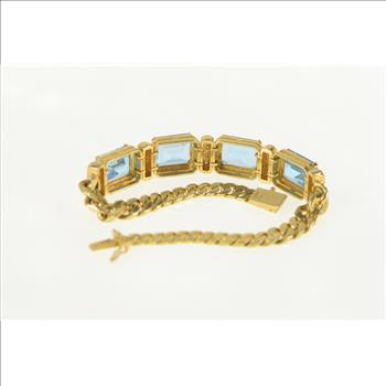 14K Emerald Cut Blue Topaz Diamond Chain Yellow Gold Bracelet 7