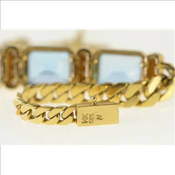 14K Emerald Cut Blue Topaz Diamond Chain Yellow Gold Bracelet 7