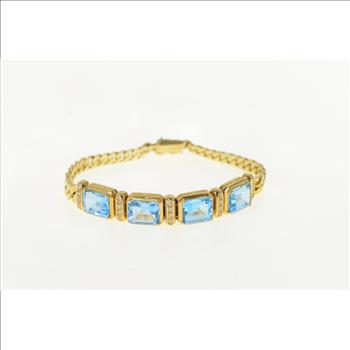 14K Emerald Cut Blue Topaz Diamond Chain Yellow Gold Bracelet 7