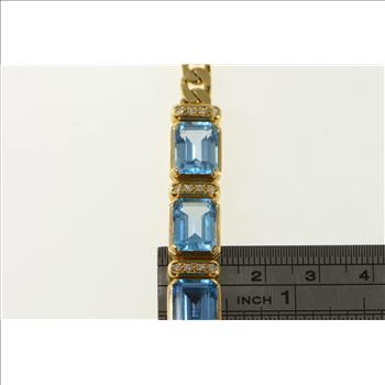 14K Emerald Cut Blue Topaz Diamond Chain Yellow Gold Bracelet 7