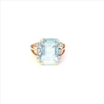 14K Emerald Cut Blue Topaz Diamond Cocktail Yellow Gold Ring, Size 6.5