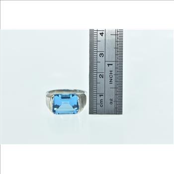 14K Emerald Cut Blue Topaz Squared Statement White Gold Ring, Size 7.5