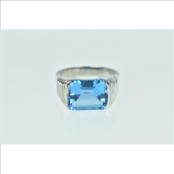 14K Emerald Cut Blue Topaz Squared Statement White Gold Ring, Size 7.5