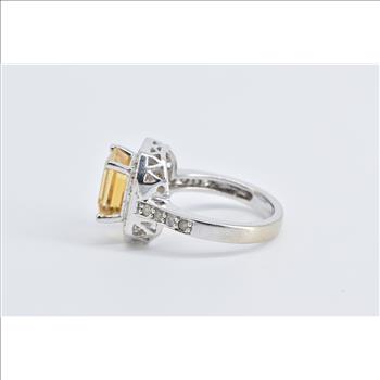 14K Emerald Cut Citrine Diamond Halo Statement White Gold Ring, Size 6.5