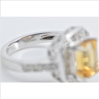 14K Emerald Cut Citrine Diamond Halo Statement White Gold Ring, Size 6.5