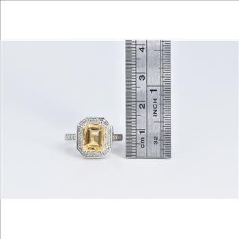 14K Emerald Cut Citrine Diamond Halo Statement White Gold Ring, Size 6.5