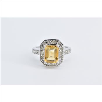 14K Emerald Cut Citrine Diamond Halo Statement White Gold Ring, Size 6.5