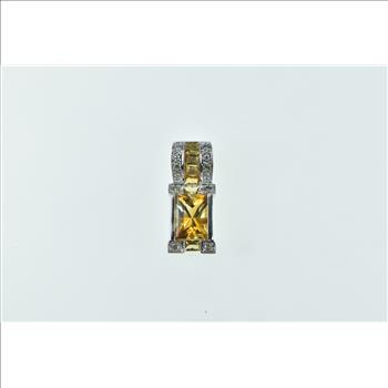 14K Emerald Cut Citrine Ornate Statement White Gold Pendant
