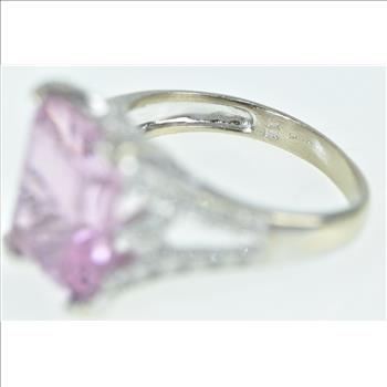 14K Emerald Cut Pink Topaz Diamond Encrusted White Gold Ring, Size 6.75