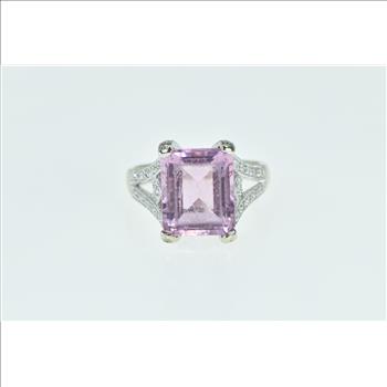 14K Emerald Cut Pink Topaz Diamond Encrusted White Gold Ring, Size 6.75