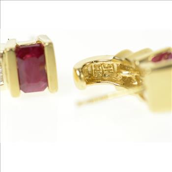 14K Emerald Cut Ruby Diamond Semi Hoop Stud Yellow Gold Earrings