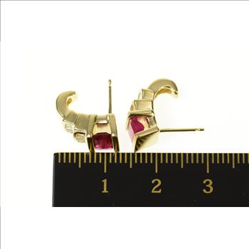 14K Emerald Cut Ruby Diamond Semi Hoop Stud Yellow Gold Earrings