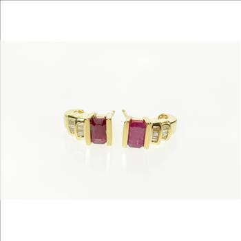 14K Emerald Cut Ruby Diamond Semi Hoop Stud Yellow Gold Earrings