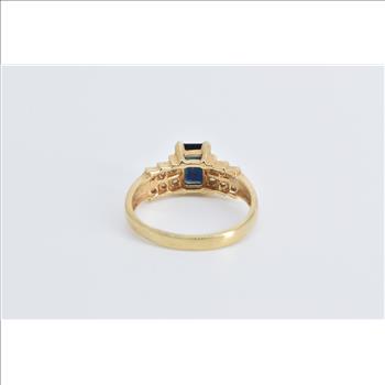 14K Emerald Cut Sapphire Diamond Accent Vintage Yellow Gold Ring, Size 7.5