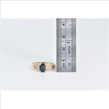 14K Emerald Cut Sapphire Diamond Accent Vintage Yellow Gold Ring, Size 7.5