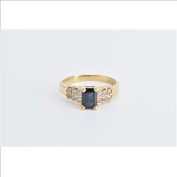 14K Emerald Cut Sapphire Diamond Accent Vintage Yellow Gold Ring, Size 7.5