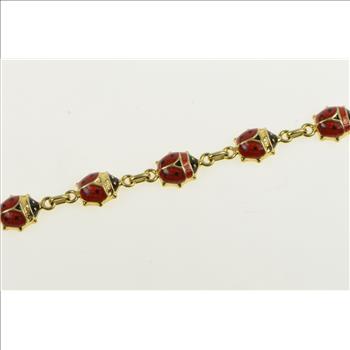 14K Enamel Lady Bug Good Luck Fortune Symbol Yellow Gold Bracelet 6.75
