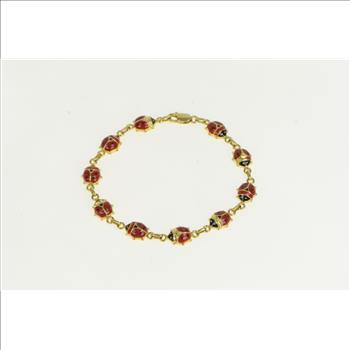 14K Enamel Lady Bug Good Luck Fortune Symbol Yellow Gold Bracelet 6.75