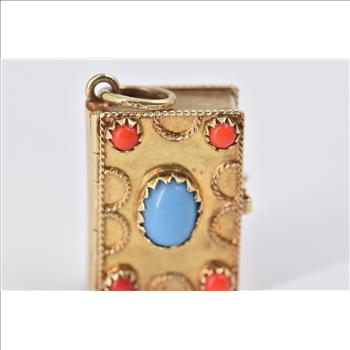 14K Etruscan Revival Turquoise Coral Book Locket Yellow Gold Charm/Pendant