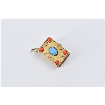 14K Etruscan Revival Turquoise Coral Book Locket Yellow Gold Charm/Pendant