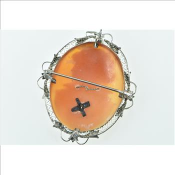 14K Filigree Carved Shell Cameo Diamond Lady White Gold Pendant/Pin