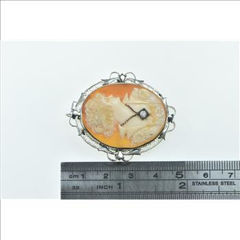 14K Filigree Carved Shell Cameo Diamond Lady White Gold Pendant/Pin