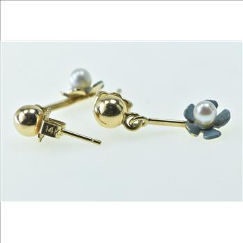 14K Forget Me Not Enamel Flower Pearl Dangle Yellow Gold Earrings