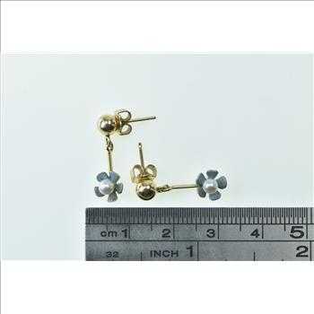 14K Forget Me Not Enamel Flower Pearl Dangle Yellow Gold Earrings