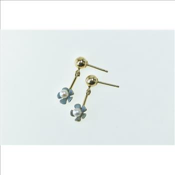 14K Forget Me Not Enamel Flower Pearl Dangle Yellow Gold Earrings