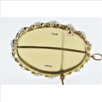 14K Gamliel Painted Lady Oval Seed Pearl Yellow Gold Pendant/Pin