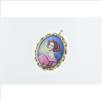 14K Gamliel Painted Lady Oval Seed Pearl Yellow Gold Pendant/Pin