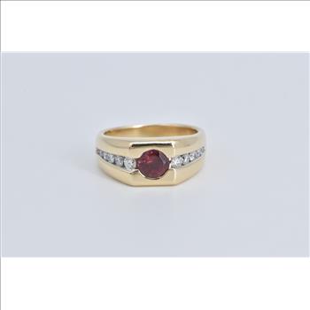 14K Garnet Diamond Vintage Ornate Statement Yellow Gold Ring, Size 7.5