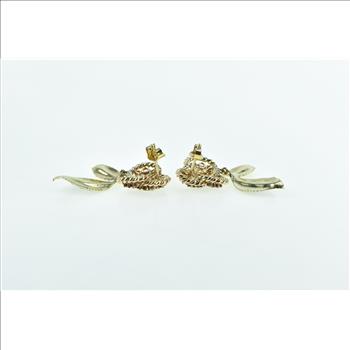 14K Garnet Encrusted Cherry Enamel Leaf Dangle Yellow Gold Earrings