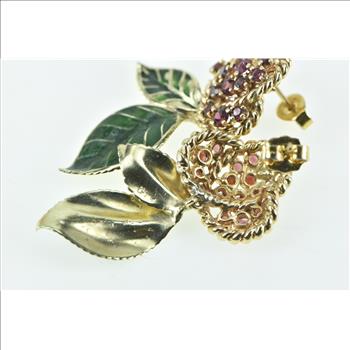 14K Garnet Encrusted Cherry Enamel Leaf Dangle Yellow Gold Earrings
