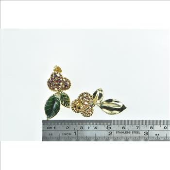 14K Garnet Encrusted Cherry Enamel Leaf Dangle Yellow Gold Earrings