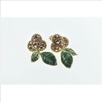 14K Garnet Encrusted Cherry Enamel Leaf Dangle Yellow Gold Earrings