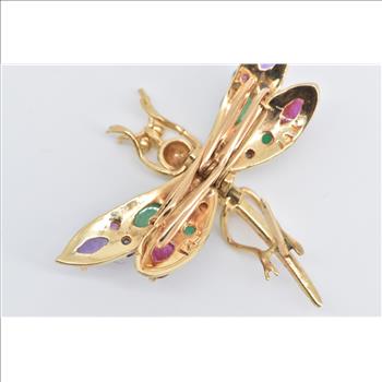 14K Gemstone Encrusted Dragonfly Dress Clip Yellow Gold Pin/Brooch