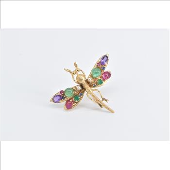 14K Gemstone Encrusted Dragonfly Dress Clip Yellow Gold Pin/Brooch