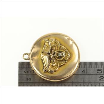 14K Georgian Lion Bear Diamond Photo Locket Yellow Gold Pendant