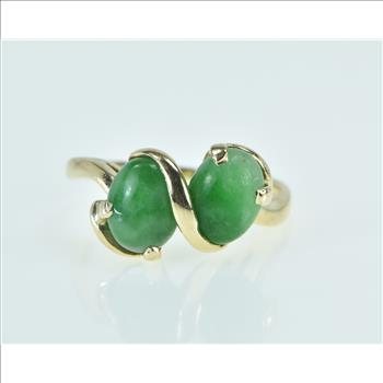 14K Green Jade Pear Cabochon Bypass Yellow Gold Ring, Size 8.25