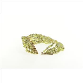 14K Green Pearl Beaded Tiered Chain Bar Accent Yellow Gold Bracelet 6.75