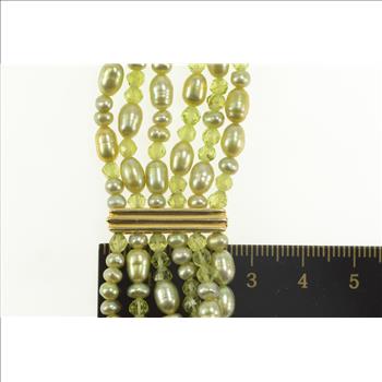 14K Green Pearl Beaded Tiered Chain Bar Accent Yellow Gold Bracelet 6.75