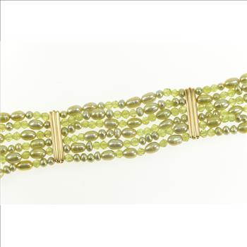 14K Green Pearl Beaded Tiered Chain Bar Accent Yellow Gold Bracelet 6.75