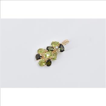 14K Green Tourmaline Peridot Diamond Cluster Yellow Gold Pendant