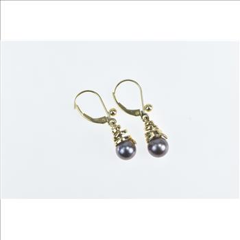 14K Grey Pearl Vintage Swirl Spiral Dangle Yellow Gold Earrings