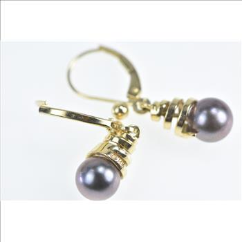 14K Grey Pearl Vintage Swirl Spiral Dangle Yellow Gold Earrings